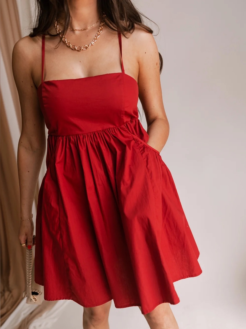 Red Game Day Cotton Pocketed Babydoll Dress